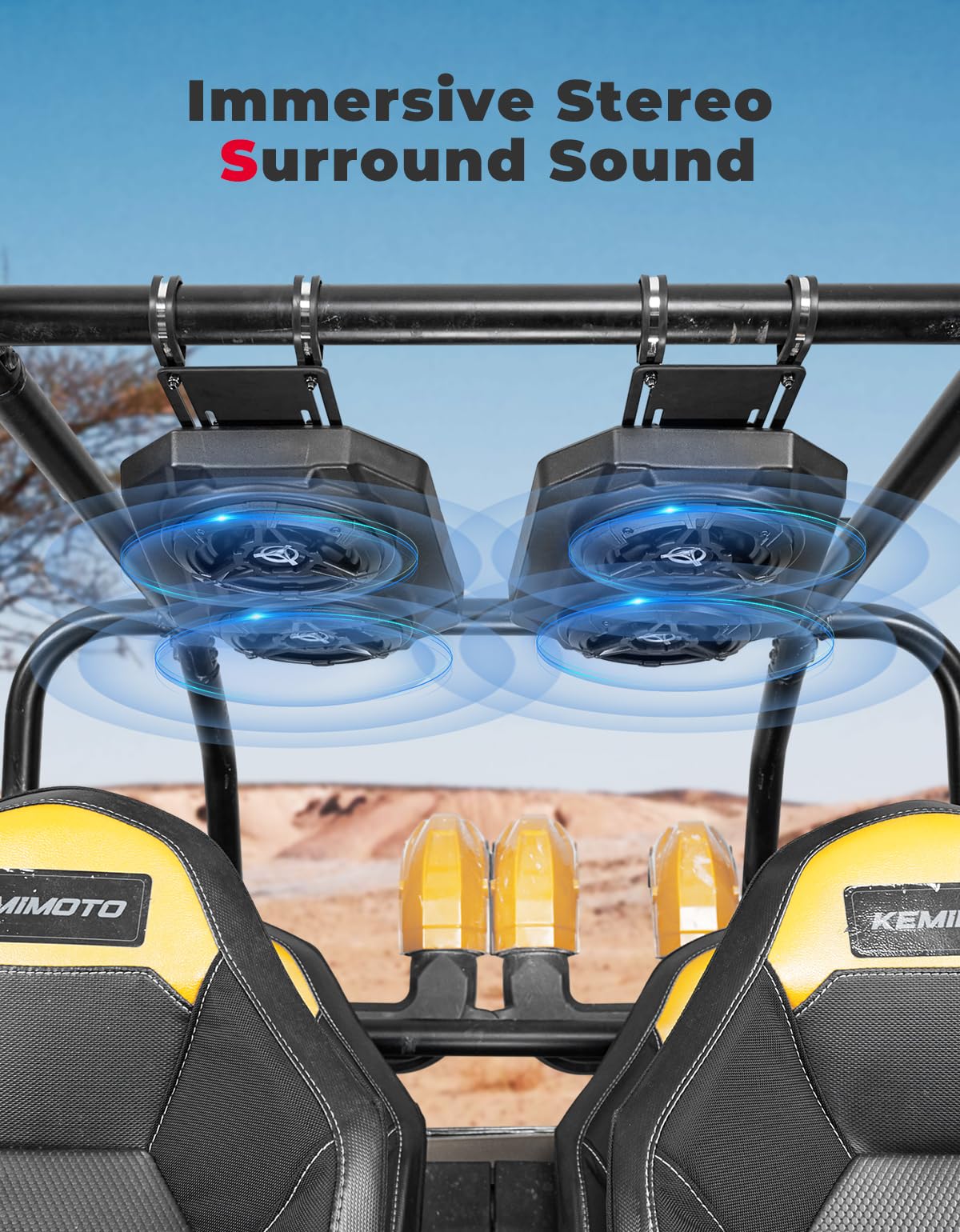 KEMIMOTO UTV Sound System 6.5 Inch Speakers UTV Sound Bar Overhead Stereo Bluetooth for UTVs Fits 1.625-1.9in Roll Cages Compatible with Can-Am X3 & X3 Max, Polaris RZR XP 1000, Uforce
