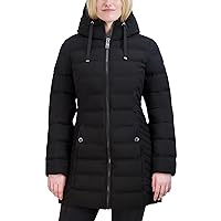 Nautica Women's 3/4 Stretch Puffer Jacket with Fur Hood and Half Back