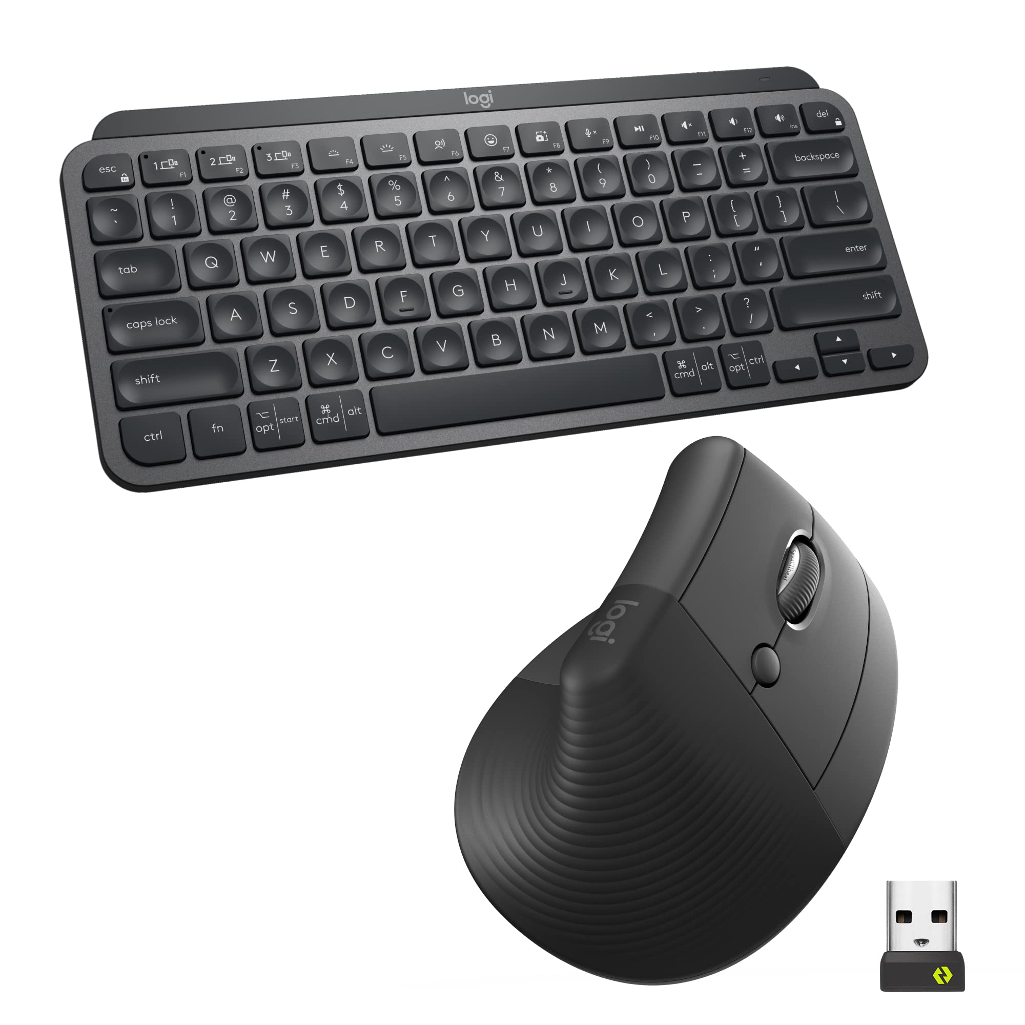 Logitech MX Keys Mini Keyboard and Lift Vertical Ergonomic Mouse Combo - Wireless, Backlit Keys, Bluetooth or Logi Bolt USB receiver, Quiet, Windows/macOS/iPadOS, Laptop, PC - Graphite