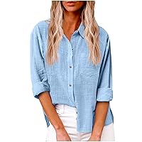 Prime Membership Cotton Linen Button Down Shirts for Women Long Sleeve Collared Work Blouse Trendy Loose Fit Summer Tops with Pocket