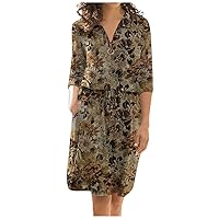 Long Sleeve Dresses for Women, Women's Retro Printing Dew Shoulder V-Neck Long Sleeve Style Comfy Casual Dress