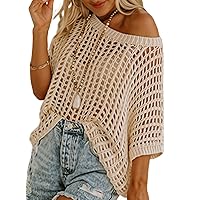 Sidefeel Women's Crochet Tops Short Sleeve Sweater 2024 Fashion Hollow Out Scoop Neck Pullover Knit Tops Cover Ups