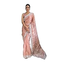 Indian One Minute ready to wear organza saree diamond worked sari for Women with UNSTITCHED blouse (ST-049)