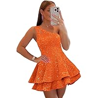 CWOAPO One Shoulder Velvet Sequins Homecoming Dress Tiered Short Prom Dresses for Teens Sparkly Ruffle Cocktail Party