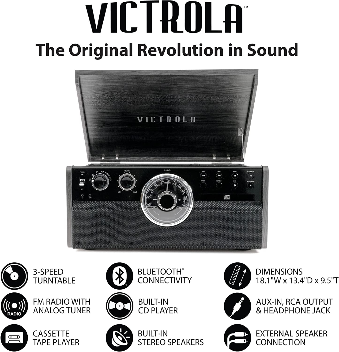 Victrola Empire Mid-Century 6-in-1 Turntable with 3 Speed Record Player, Bluetooth Connectivity, Radio, Cassette and CD Player (Espresso)