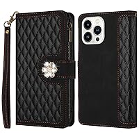Rhinestone PU Leather Wallet with RFID Block for iPhone 15 Pro 6.1'', 9 Card Slots, Zipper Pouch & Detachable Wristlet – Shock Resistant Flip Cover & Stand