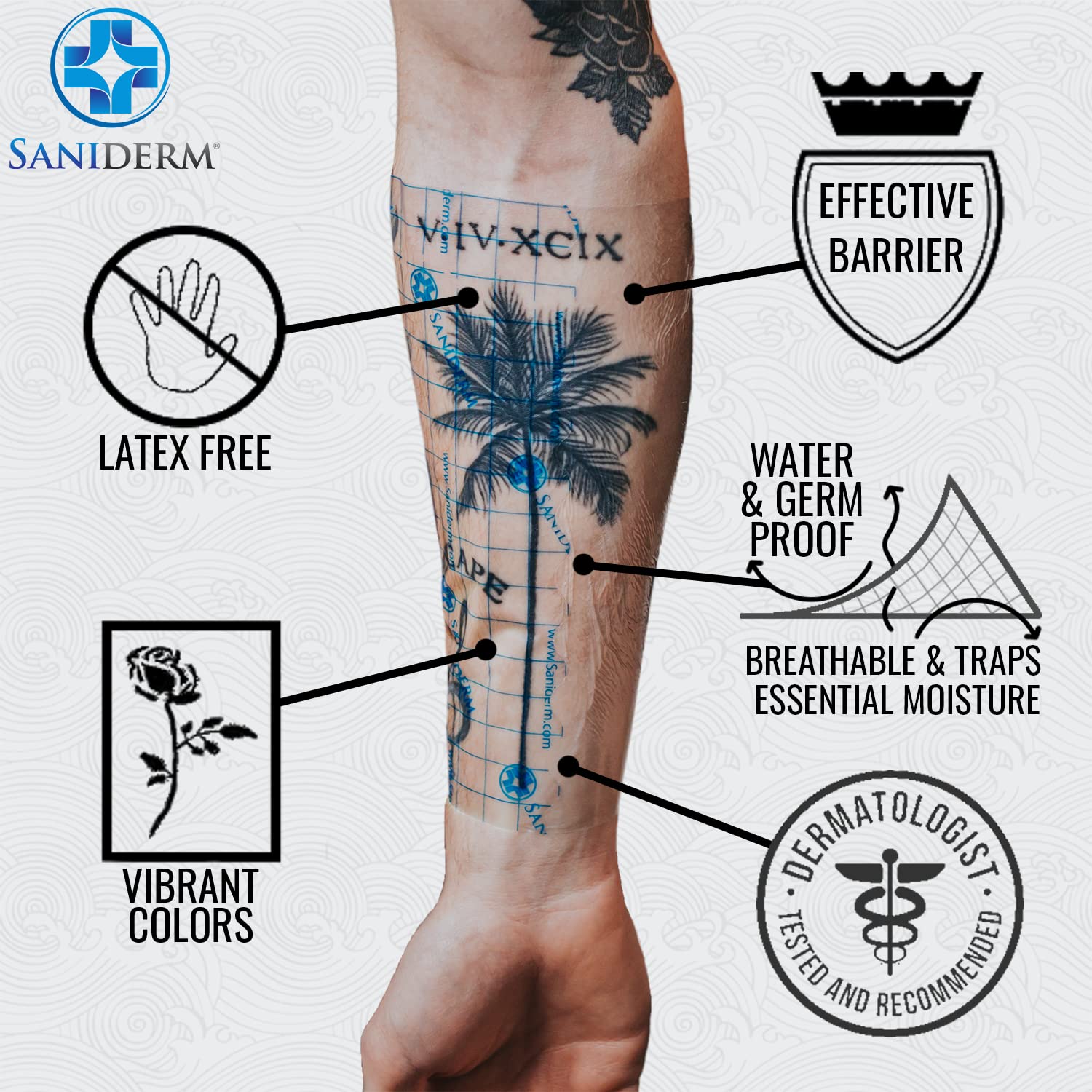 Saniderm Tattoo Aftercare Bandage, Breathable Waterproof Bandages, Sanitary Transparent Adhesive Wraps, Protect and Heal Tattoos, 3 Pre-Cut 8 x 10 Inch Sheets