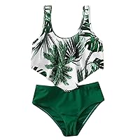 Penguin Print Ruffle Print Swimwear Solid Color Shorts 2PCS Summer Bikini Swimsuit Swimsuit Girl 14 16