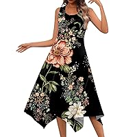 Dresses for Women 2024 Crewneck Hankerchief Hem Sleeveless Sundress Floral Print Tank Dresses Flowy Beach Dress