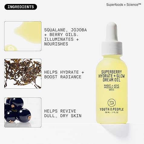 Youth To The People Superberry Hydrating Face Oil for Dry, Glowing Skin - Fast Absorbing Facial Oil & Makeup Primer Made with Prickly Pear, Acai Berry & Jojoba Oil - Clean, Vegan Skincare (1oz)