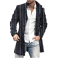 Men's Wool Blend Trench Coat Single Breasted Peacoat Slim Fit Striped Business Jacket Winter Button Woolen Coats