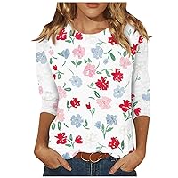 Basic Tops for Women,3/4 Length Sleeve Womens Tops Print Graphic Round Neck Tees Blouses Womens Tops Casual