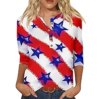 4Th of July Tops for Women Summer 3/4 Sleeve Tops Casual Independence Day Crewneck T-Shirt 2024 Trendy