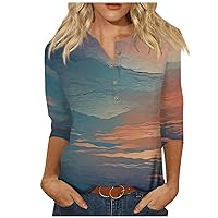 Summer Tops for Women 3/4 Length Sleeve Printed Graphic Tees Oversized Tshirts Shirts Trendy Button Down Blouses