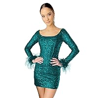 Long Sleeve Feather Cocktail Dresses Sparkly Sequin Short Prom Dresses for Teens Tight Party Dress 2024