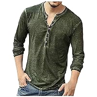 Mens Distressed Long Sleeve Henley T-Shirt Vintage Washed Casual Solid Color V-Neck Tee Shirts Slim Fit Hippie Muscle Shirts