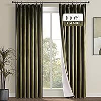 Topfinel Olive Green Velvet Blackout Curtains 108 Inches Long for Living Room Large Window, Pinch Pleated Cold Blocking Boho Dark Green Track Curtains for Living Room 2 Panels,9 FT with Hooks Rings