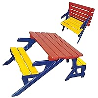 2-in-1 Kid's Wooden Picnic TableBench Transforming Interchangeable for Outdoor,Garden, Backyard, Porch, Patio Bedroom, Living-Room, Game Room,Outdoor (Blue+Yellow+Red)