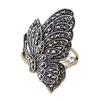 Retro Vintage 925 Sterling Silver Butterfly Ring with Marcasite Stones for Women Girls Size 6-9