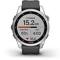 Garmin fenix 7S, smaller sized adventure smartwatch, rugged outdoor watch with GPS, touchscreen, health and wellness features, silver with graphite band, 010-02539-00