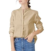 Women's Mandarin Collar Button-Down Shirts Casual Cotton Linen Long Sleeve Blouses