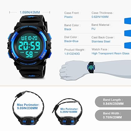 KIDPER Kids Digital Watch, Boys Sports Waterproof Led Watches with Alarm Wrist Watches for Boy Girls Children