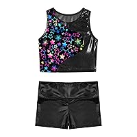 iiniim Kids Girls Glossy Sports Outfit Sleeveless Crop Top with Shorts Set for Gymnastics Workout Training