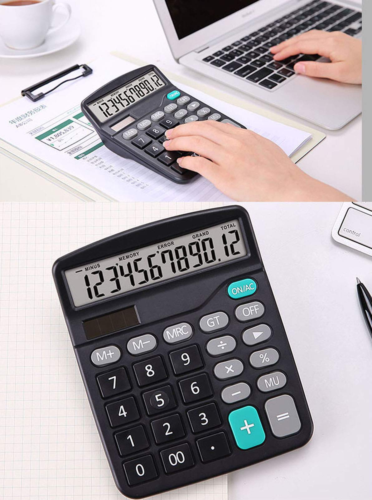 Calculator, Standard Function Desktop Calculator, Solar Battery Dual Power Basic Office Calculators, Black