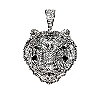 Mens 14k White Gold Finish Tiger Pendant Rappers Wear Iced Prong Set for Cuban Chain Men, Miami Fits to Cuban Link Chain Choker Necklace (Tiger Pendant Only) Fits upto 18mm Chains