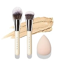 HALEYS 3pc Makeup Tools Set: Kabuki Brush, Powder Brush, Re-mix Sponge, Soft, Streak-free, Perfect Blending, Buff, Blurs, Smooths, For liquid, cream, powder, skincare, Cruelty-free, Sustainable Wood