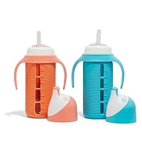 Set of 2 - Glass Sippy Cup for Toddlers - The Luca | Spill-Proof | Silicone Straw | Blue & Orange | 8 oz | Liquids Never Touch Plastic | Removable Handles… (Blue)