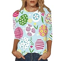 Plus Size Tops for Women 3X Women's Easter Bunny Casual Print Crew Neck Loose 3/4 Sleeve Three Quarter Sleeve