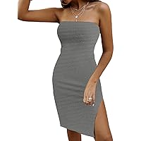 SOLY HUX Women's Strapless Striped Tube Dresses Casual Summer Sun Dress Split Thigh Bodycon Midi Dresses