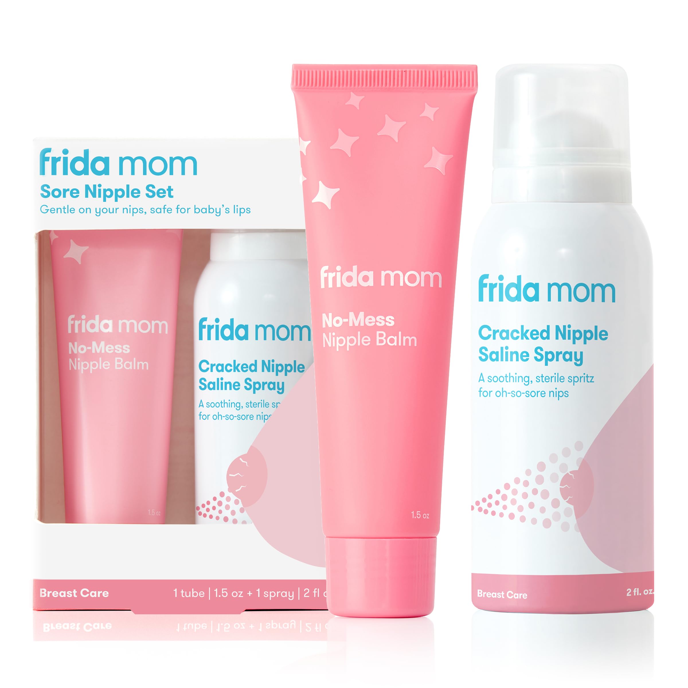 Frida Mom Sore Nipple Set | Cracked Nipple Saline Spray, No-Mess Nipple Cream | 2 Piece Set | Breastfeeding Set for New Moms