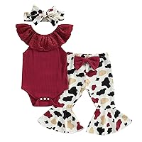 3PCS Infant Toddler Baby Girl Clothes Ruffle Romper Bodysuit Floral Halen Pants Headband Outfits