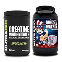NutraBio Creatine Monohydrate, Unflavored, (500 g) and Muscle Matrix Protein Powder, (Freedom Fetti) Supplement Bundle – Muscle Energy, Maximum Growth, Recovery, and Strength