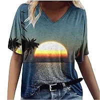 Ofertas De Primera Women V Neck Tshirt Oversized Beach Palm Printing Tops Casual Trendy Workout Shirts 2024 Loose Fit Tunic Blouses Pumpkin Shirt Woman