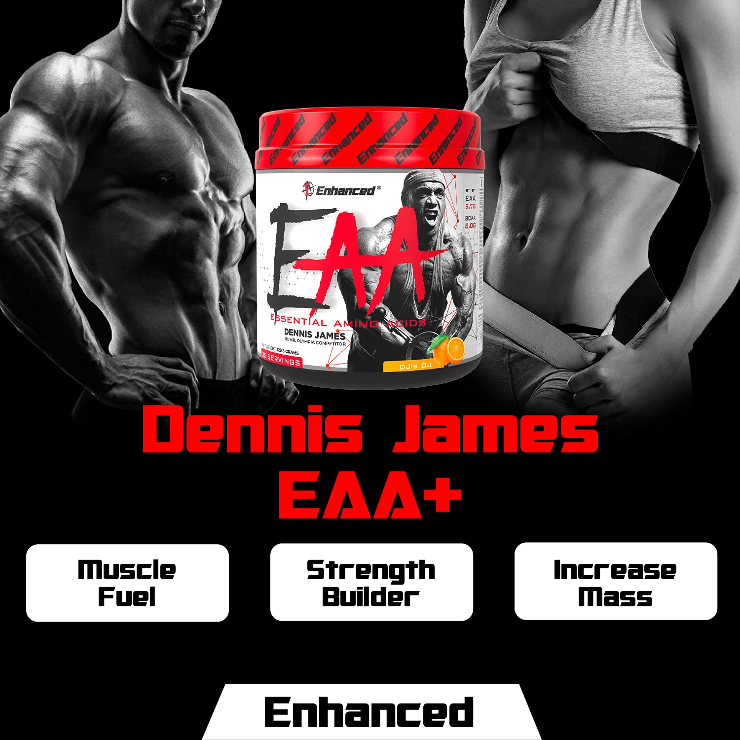Enhanced Labs - Dennis James’ EAA+ - BCAA & Essential Amino Acid Formula for Increased Mass, Recovery, Muscle Growth & Fuel (30 Servings) (DJ’s OJ)