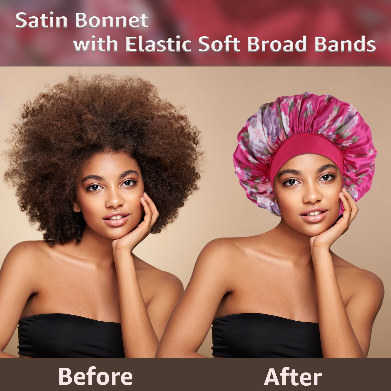 3 Pack Satin Bonnet Silk Bonnet for Sleeping, Bonnets for Black Women Hair Bonnet for Sleeping Large Sleep Cap, Wide Soft Band Bonnet for Curly Hair.