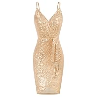 GRACE KARIN Women's Sexy Sequin Dress Wrap V-Neck Ruched Bodycon Spaghetti Straps Cocktail Party Night Club Dresses