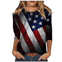 3/4 Length Sleeve Womens Summer Tops 4Th of July Flag Graphic Tees Blouses Dressy Casual Crewneck Sweatshirt Shirts