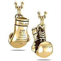 Shields of Strength Men's 14K Gold Plated or Stainless Steel Boxing Glove Necklace Pendant Chain Philippians 4:13 Bible Verse Christian Jewelry Gifts