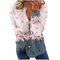 Oversized Sweatshirt For Women Cute Floral Quarter Zip Pullovers Fall Fashion Long Sleeve Lapel Pullover Tops