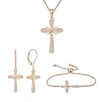 YL Women's Cross Pendant Necklace 925 Sterling Silver Infinity Drop Earrings 18k Rose Gold Cubic Zirconia Bracelet Jewelry Set