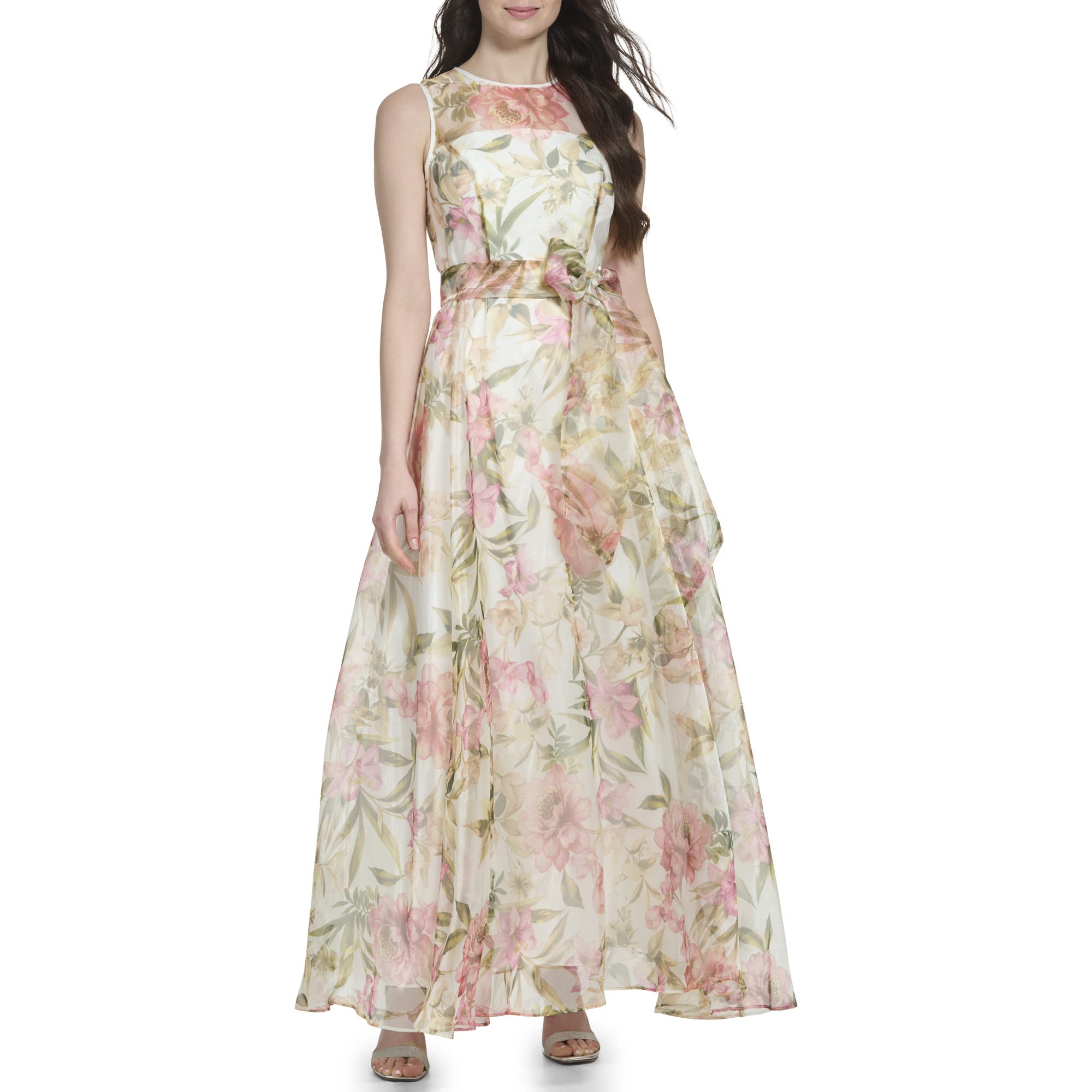 Eliza J Women's Gown Style Floral Organza Sleeveless Jewel Neck Dress