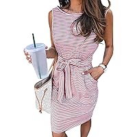 KYL Women's Summer Sleeveless Striped T Shirt Dress Casual Tie Waist Tank Short Mini Dresses