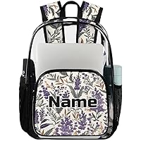 Lavender Violet Floral Personalized Clear Backpack Custom Large Clear Backpack Heavy Duty PVC Transparent Backpack with Reinforced Strap for Work Travel