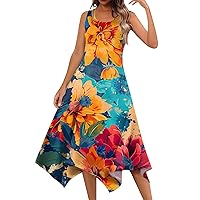 Long Casual Dresses Floral Dress for Women 2024 Summer Casual Pretty Elegant Flowy Swing with Sleeveless Round Neck Tunic Dresses Orange Medium