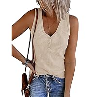 MEROKEETY Women's V Neck Tank Tops Summer Sleeveless Ribbed Button Casual Henley Shirts