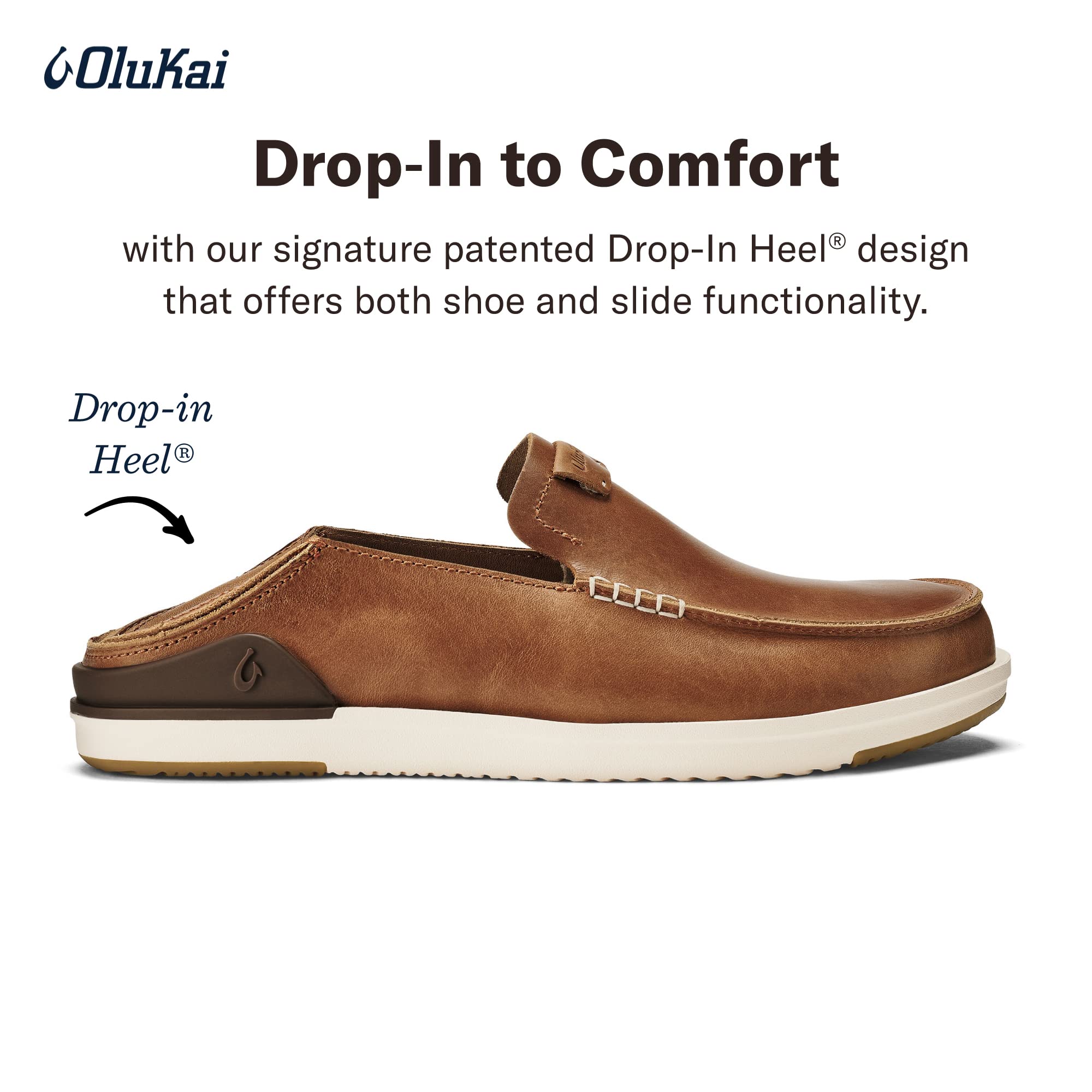 OLUKAI Kakaha Men's Slip-On Shoes, Full-Grain Leather Sneakers, Gel Insert for Comfort & Support, Comfort Fit & Wet Grip Rubber